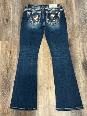 MISS ME Bootcut Cowhide Patch Jeans W/Rhinestone & Embroidered Embellishments